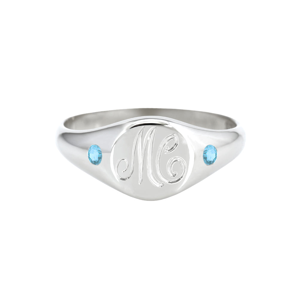 Petite Initial Signet Ring with Flush Set Blue Topaz White Gold