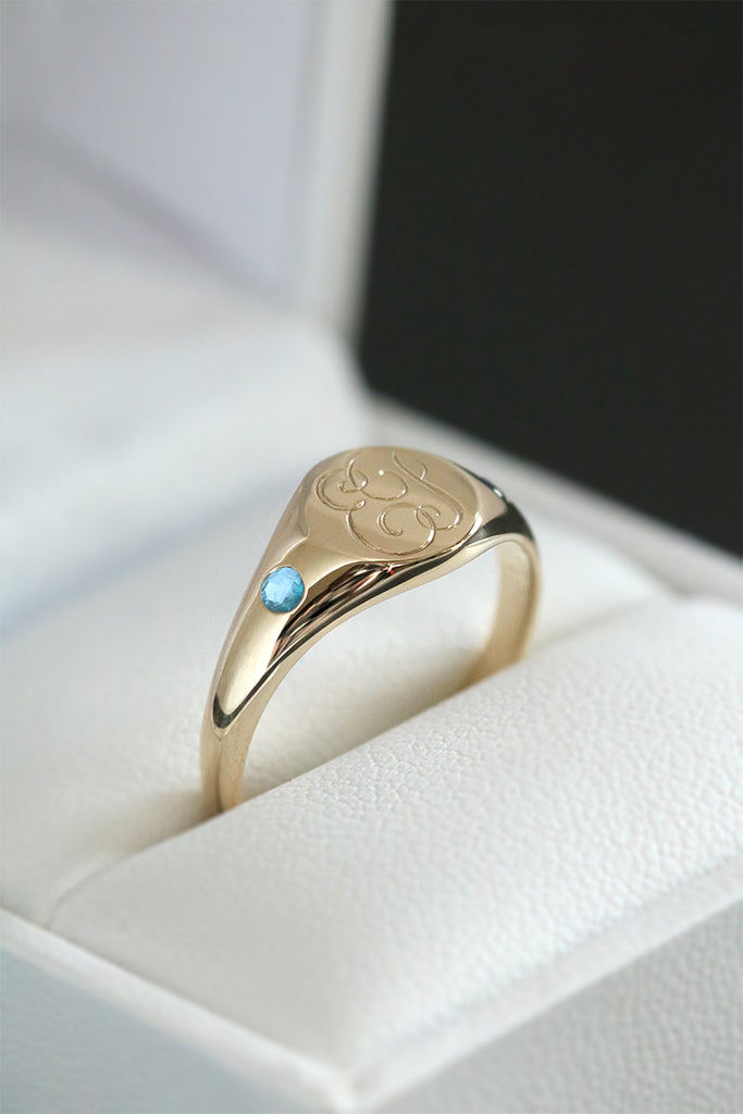 Petite Initial Signet Ring with Flush Set Blue Topaz Yellow Gold