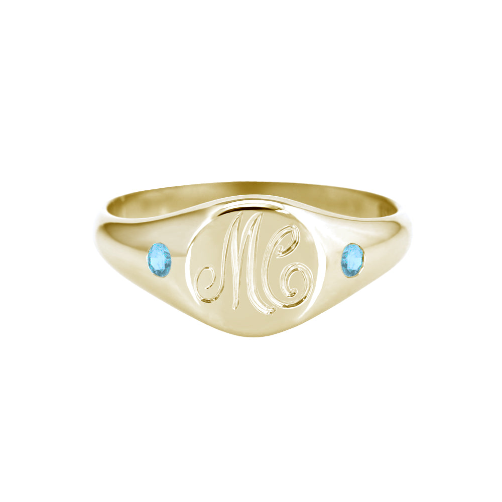 Petite Initial Signet Ring with Flush Set Blue Topaz Yellow Gold