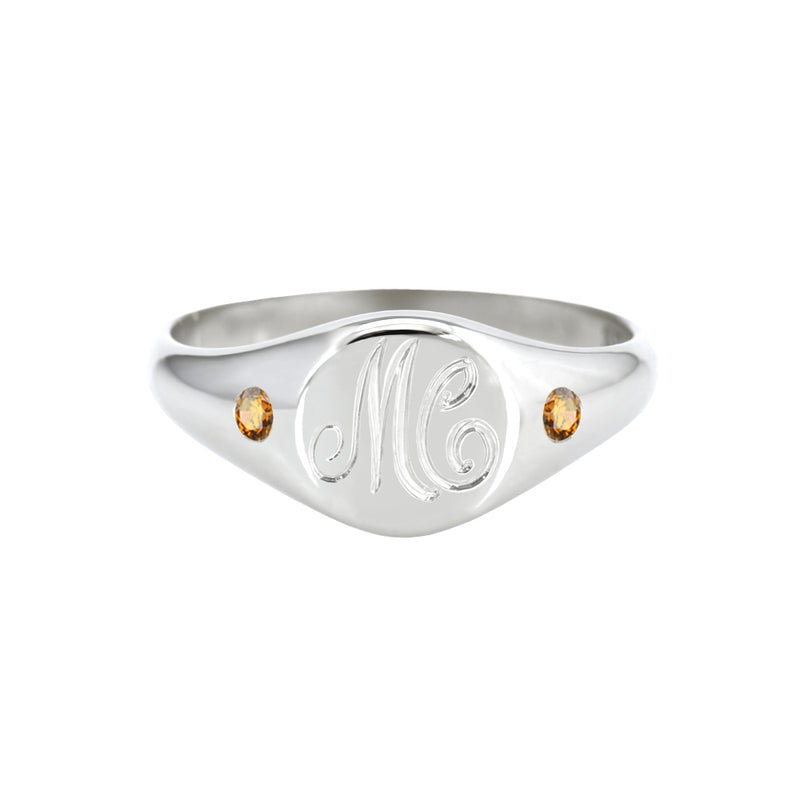 Petite Initial Signet Ring with Flush Set Citrines White Gold