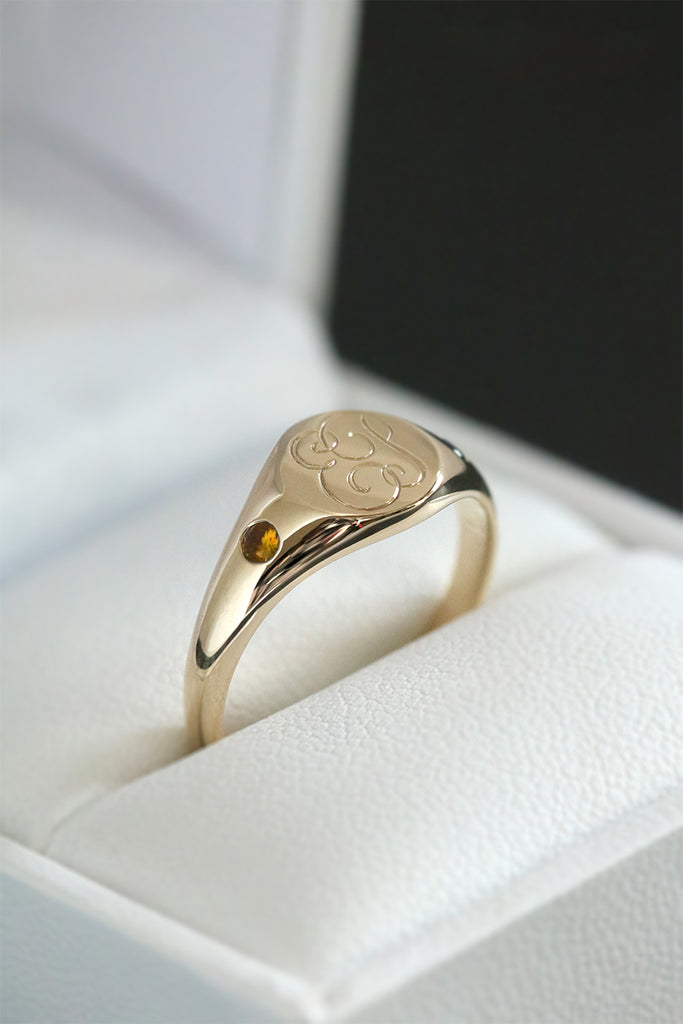 Petite Initial Signet Ring with Flush Set Citrines Yellow Gold