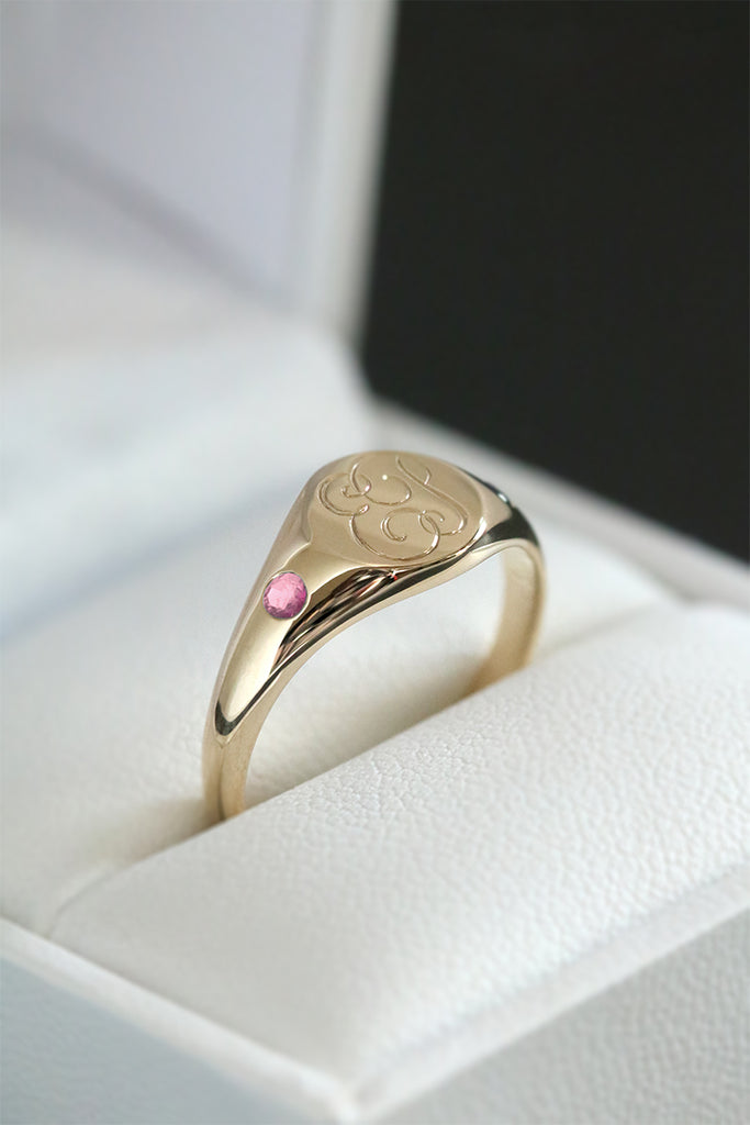 Petite Initial Signet Ring with Flush Set Pink Tourmaline Yellow Gold