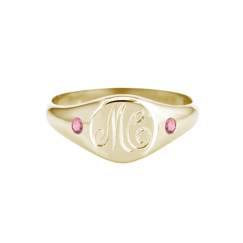 Petite Initial Signet Ring with Flush Set Pink Tourmaline Yellow Gold