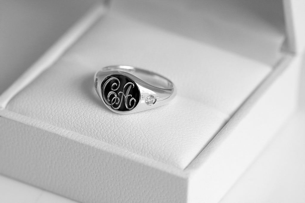Petite Initial Signet Ring with Side Diamonds White Gold