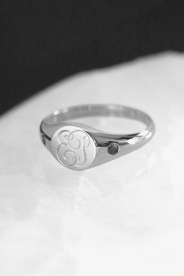 Petite Initial Signet Ring with Flush Set Citrines White Gold