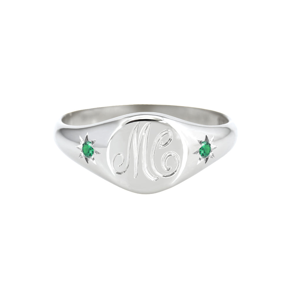 Petite Initial Signet Ring with Star Set Side Emeralds White Gold