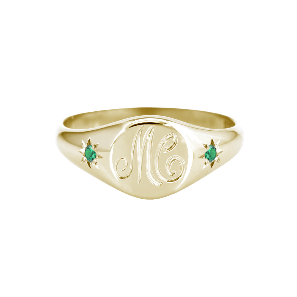 Petite Initial Signet Ring with Star Set Side Emeralds Yellow Gold