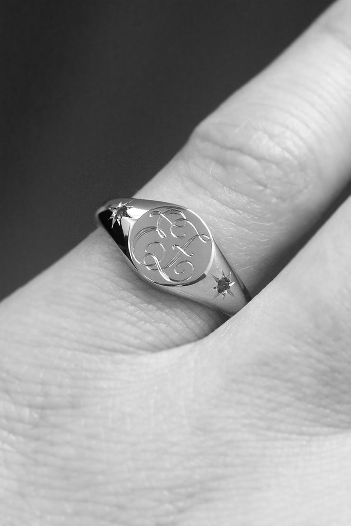 Petite Initial Signet Ring with Star Set Side Emeralds Rose Gold