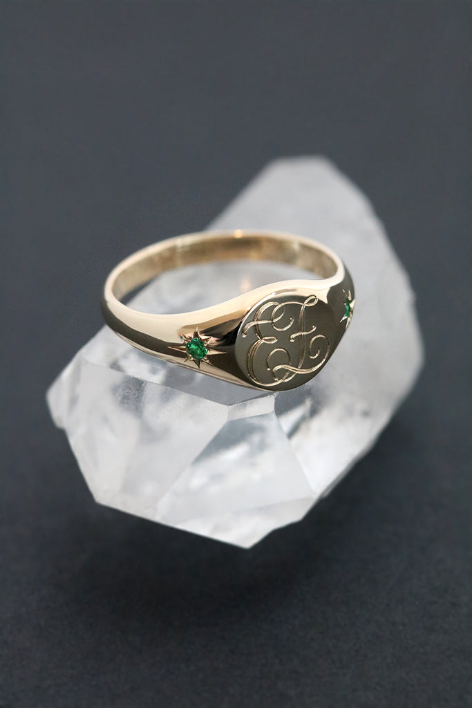 Petite Initial Signet Ring with Star Set Side Emeralds Yellow Gold