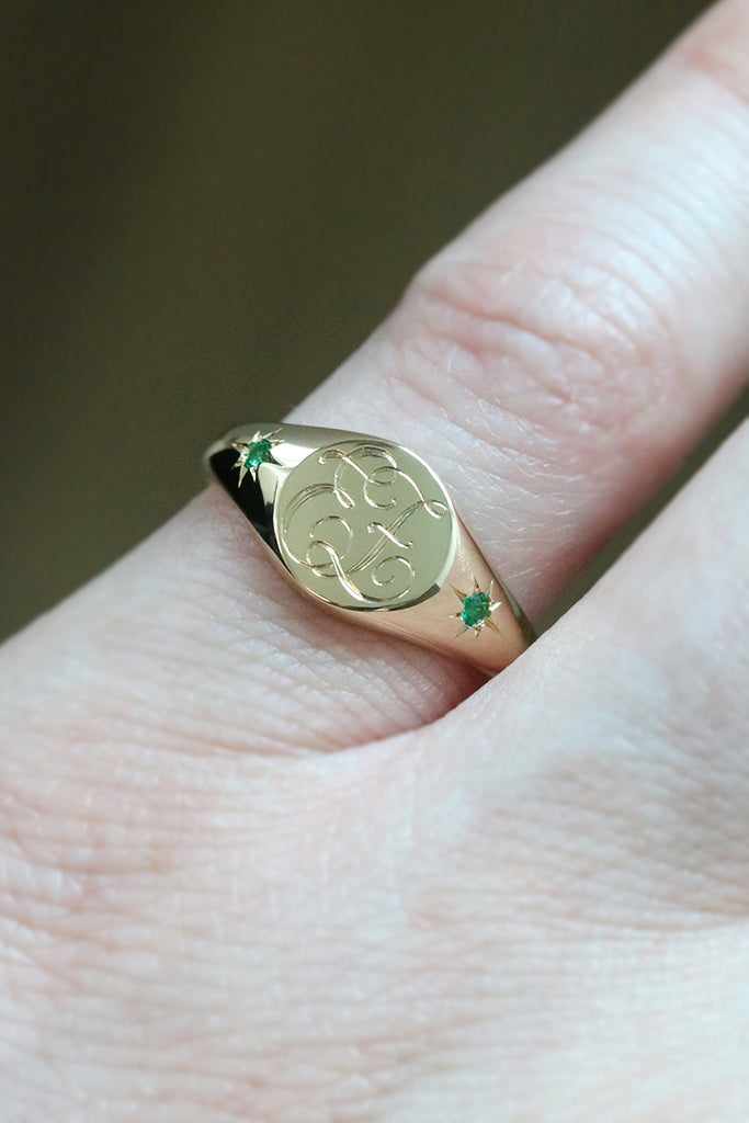 Petite Initial Signet Ring with Star Set Side Emeralds Yellow Gold