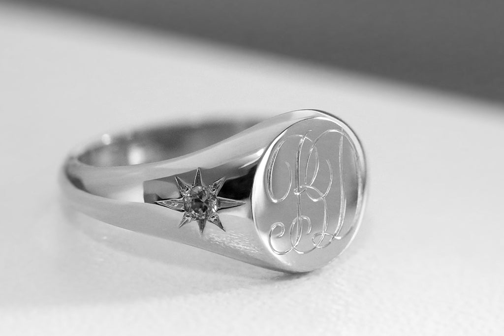 Petite Initial Signet Ring with Flush Set Citrines White Gold