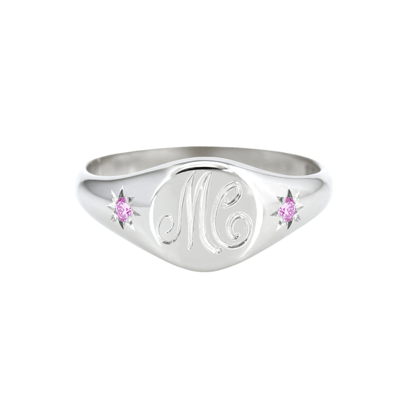 Petite Initial Signet Ring with Side Pink Sapphires White Gold