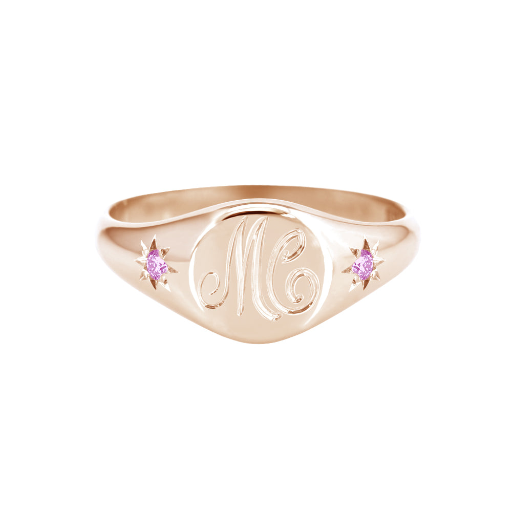 Petite Initial Signet Ring with Side Pink Sapphires Rose Gold