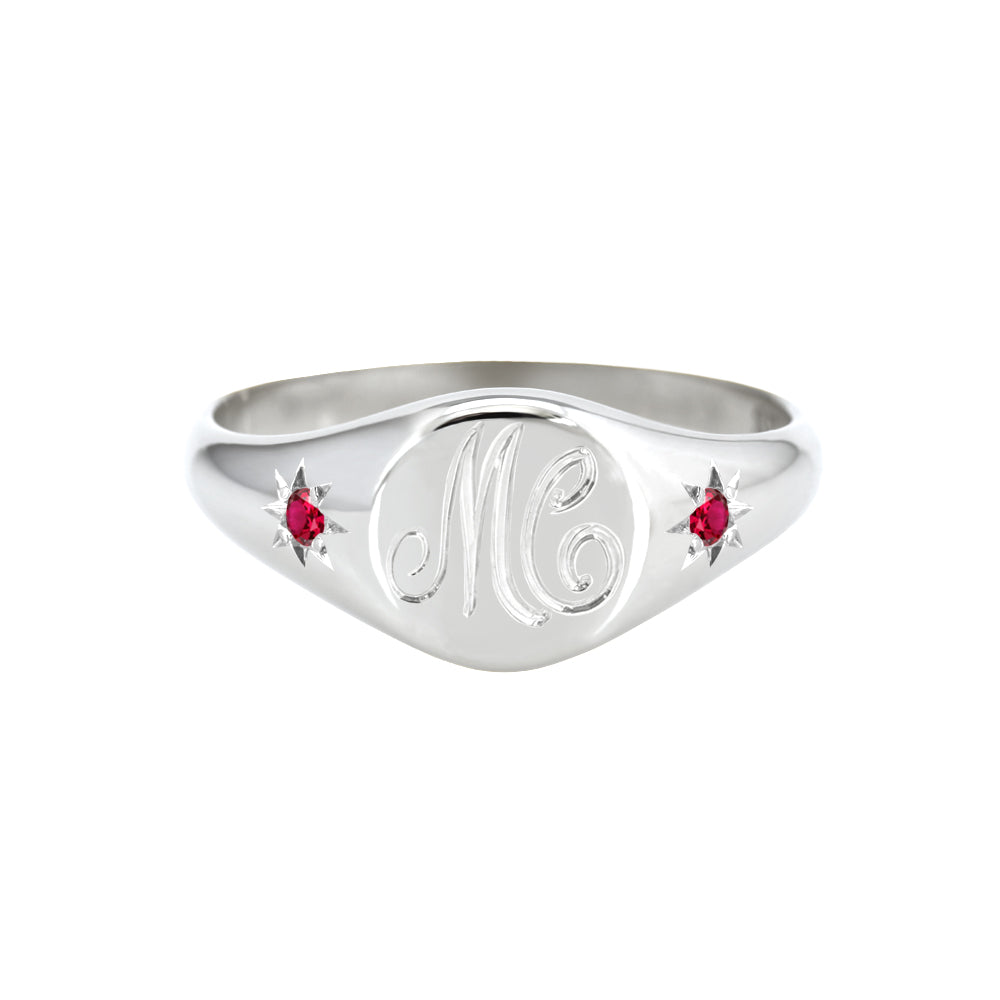 Petite Initial Signet Ring with Star Set Side Rubies White Gold