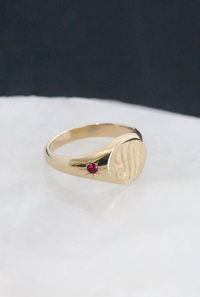 Petite Initial Signet Ring with Star Set Side Rubies Yellow Gold