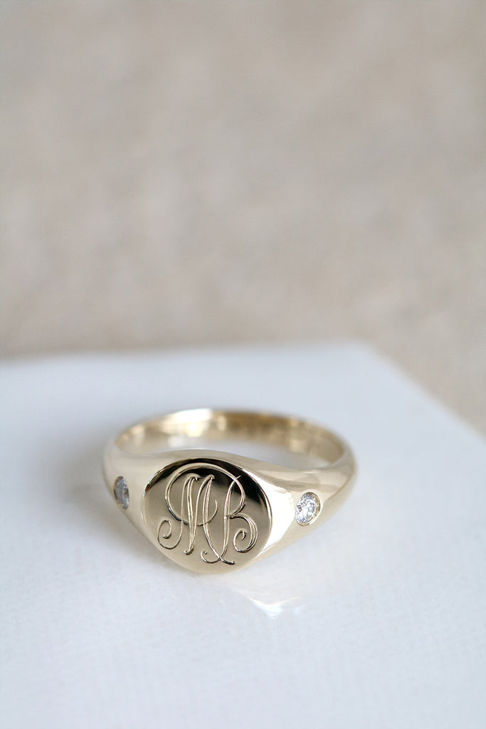 Petite Initial Signet Ring with Side Diamonds Yellow Gold