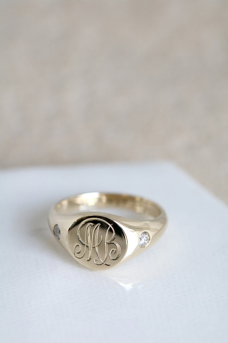 Yellow Gold Initial Signet Ring with Diamonds | Scarlett Jewellery Label