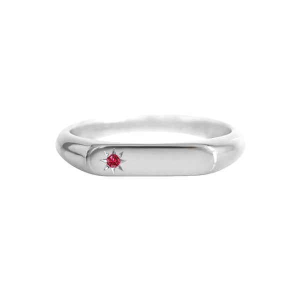 Petite Signet Ring With Star Set Ruby White Gold