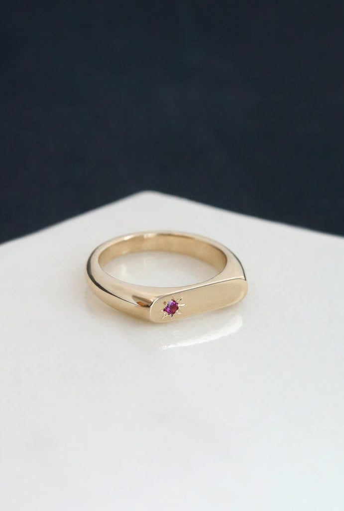 Petite Signet Ring With Star Set Ruby Yellow Gold