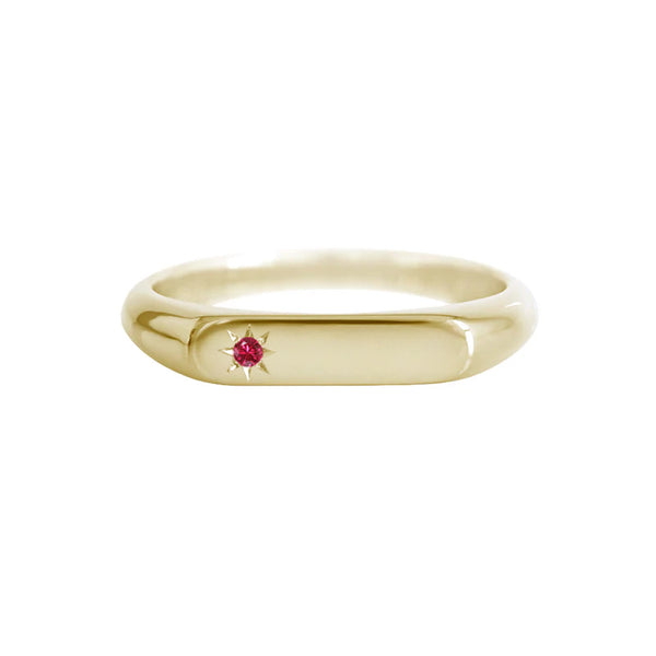 Petite Signet Ring With Star Set Ruby Yellow Gold