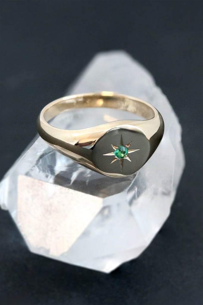 Petite Star Set Emerald Signet Ring Yellow Gold