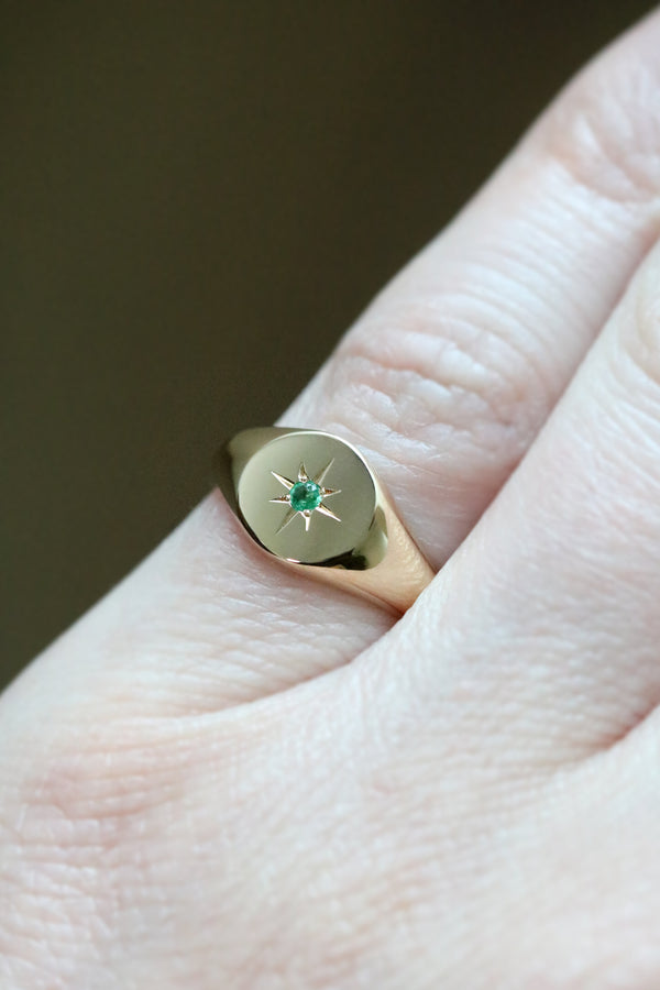 Petite Star Set Emerald Signet Ring Yellow Gold