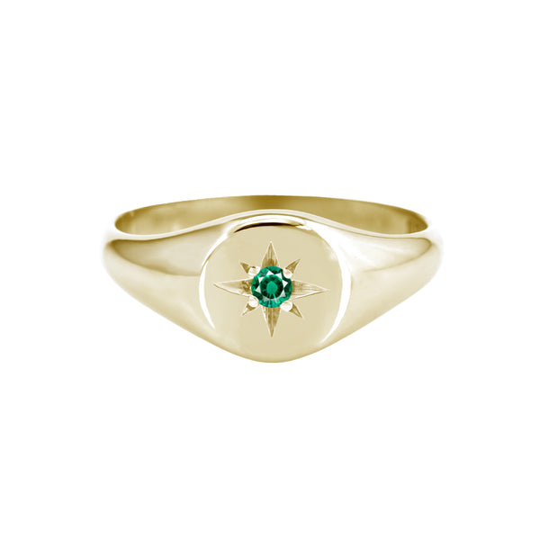 Petite Star Set Emerald Signet Ring Yellow Gold