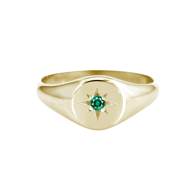 Petite Star Set Emerald Signet Ring Yellow Gold