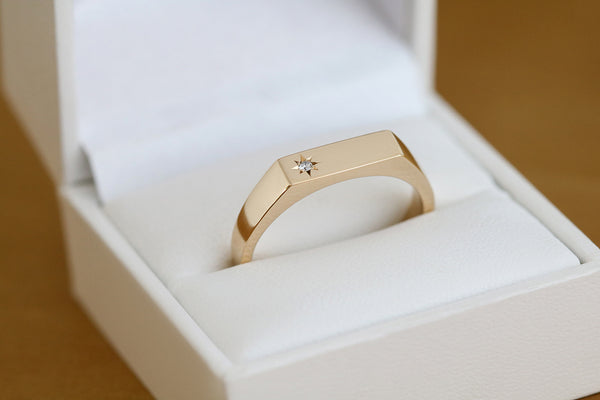 Rectangle Signet Ring with Star Set Diamond Yellow Gold