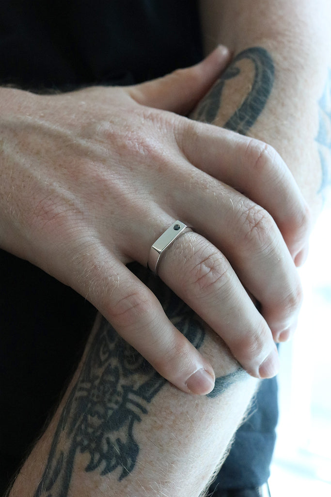 Rectangle Signet Ring with Flush Set Black Diamond White Gold