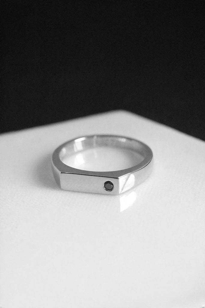 Rectangle Signet Ring with Flush Set Black Diamond White Gold