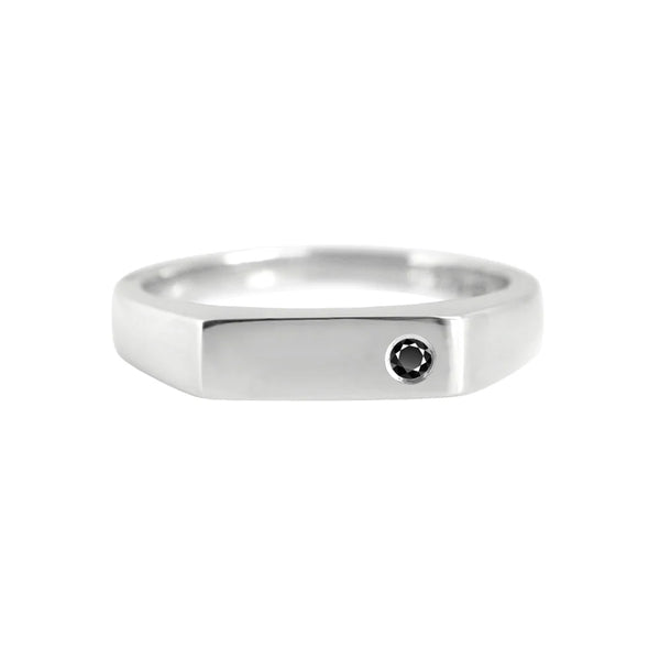 Rectangle Signet Ring with Flush Set Black Diamond White Gold