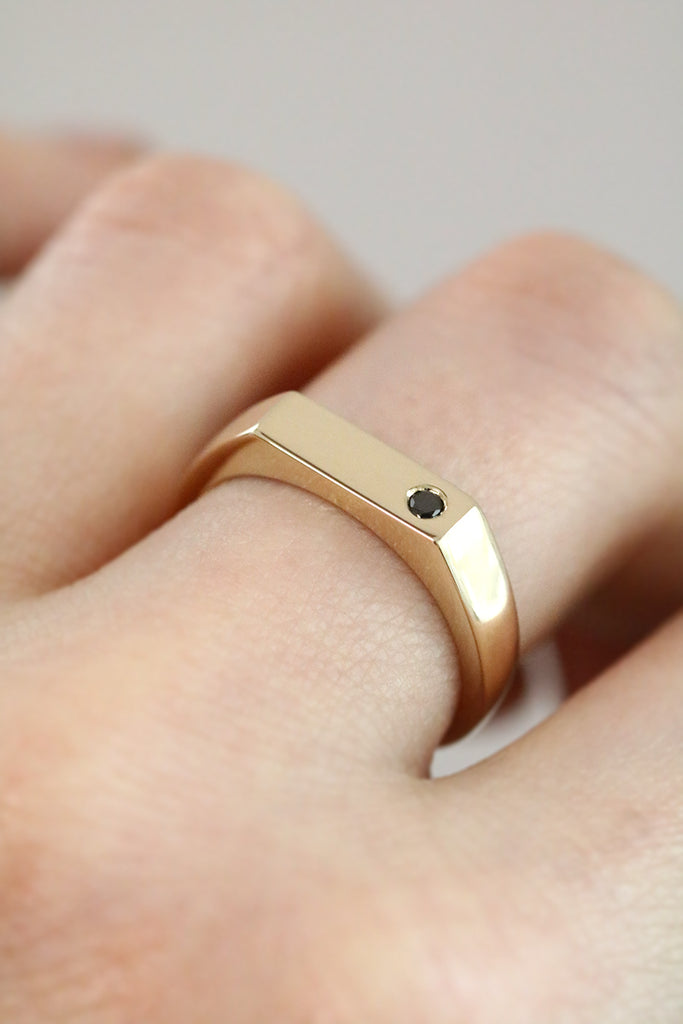 Rectangle Signet Ring with Flush Set Black Diamond Yellow Gold