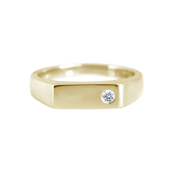 Rectangle Signet Ring with Offset Diamond Yellow Gold
