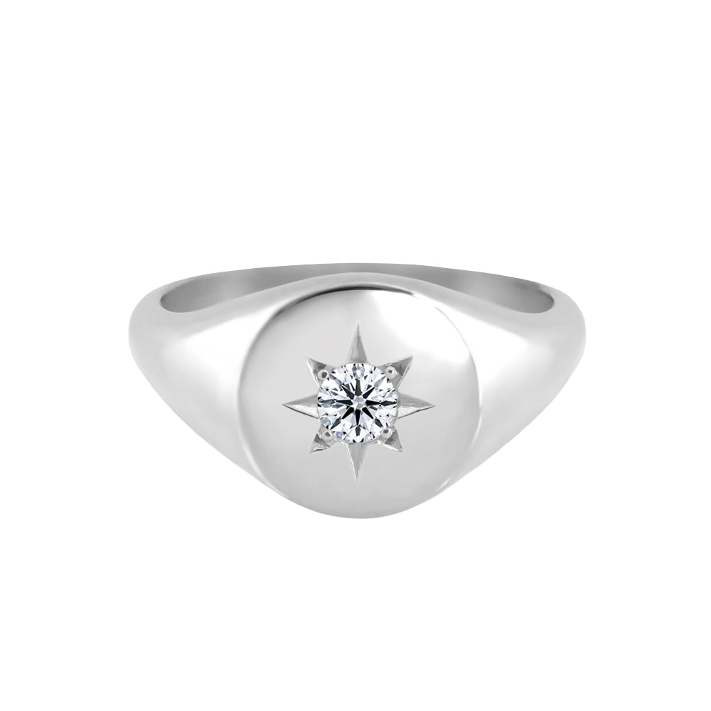 Star Set Diamond Signet Ring White Gold