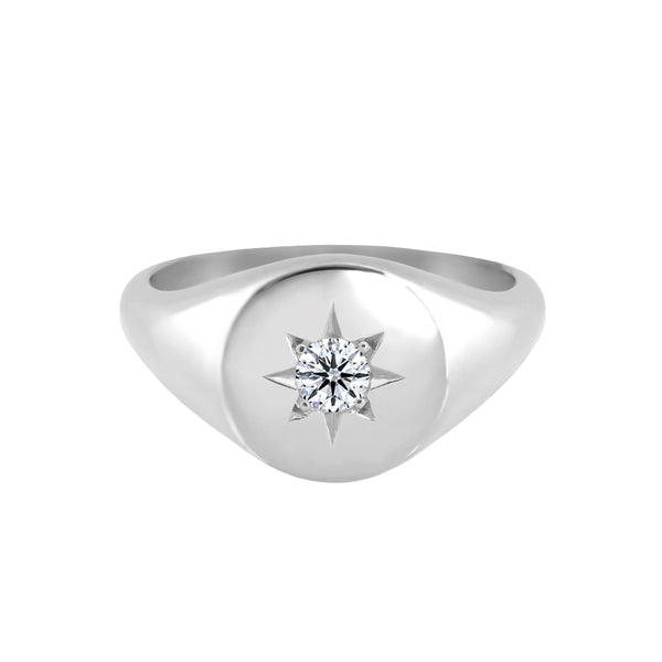 Star Set Diamond Signet Ring White Gold