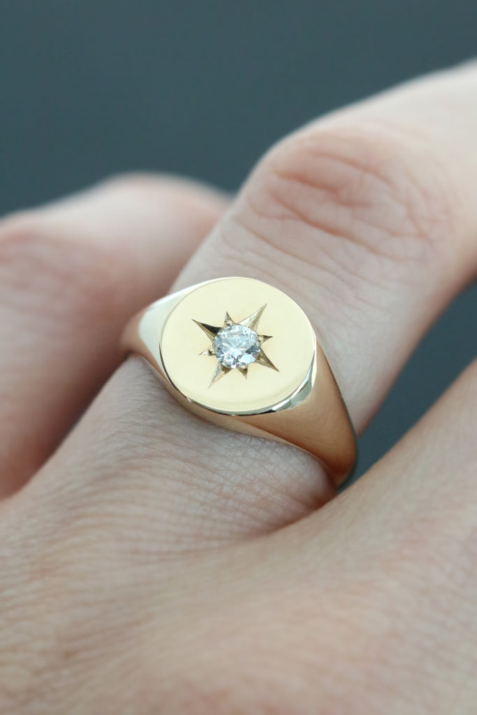 Star Set Diamond Signet Ring Yellow Gold