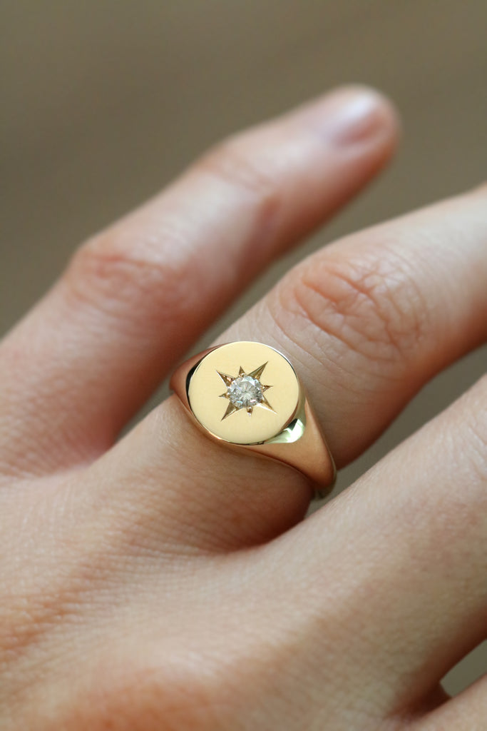 Star Set Diamond Signet Ring Yellow Gold