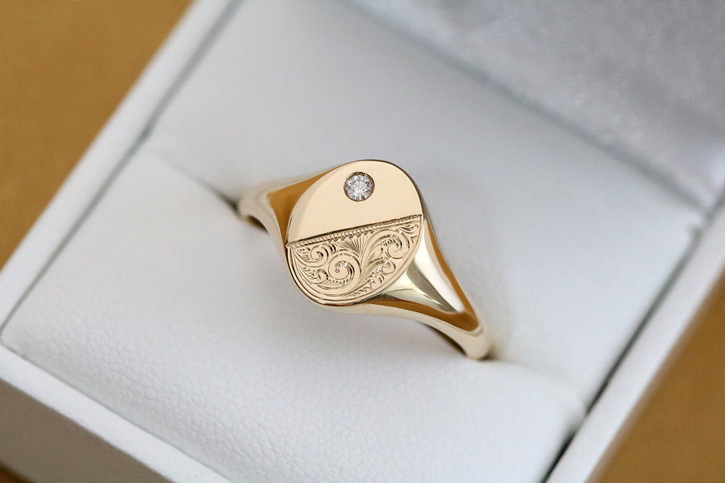 Scrollwork Engraved Signet Ring with Diamond Yellow Gold