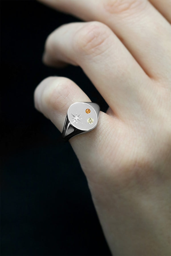 Oval Signet Ring with Champagne Diamond Citrine and Star Set Diamond White Gold