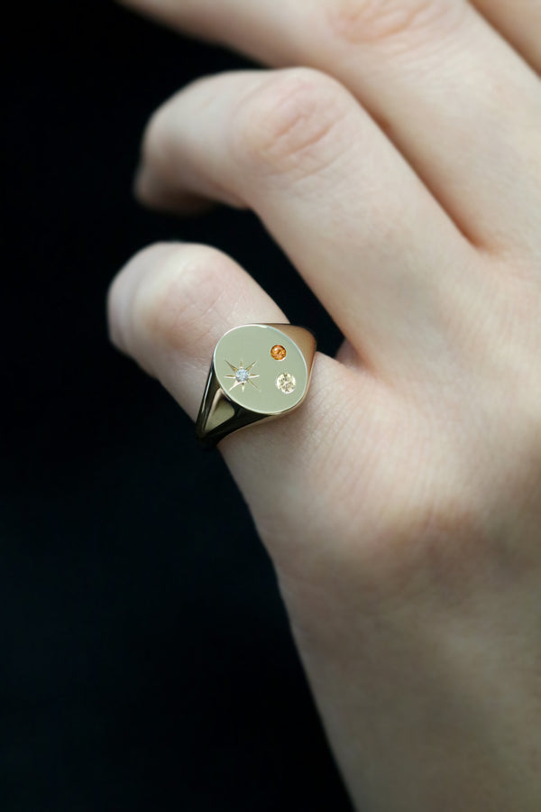 Oval Signet Ring with Champagne Diamond Citrine and Star Set Diamond Yellow Gold