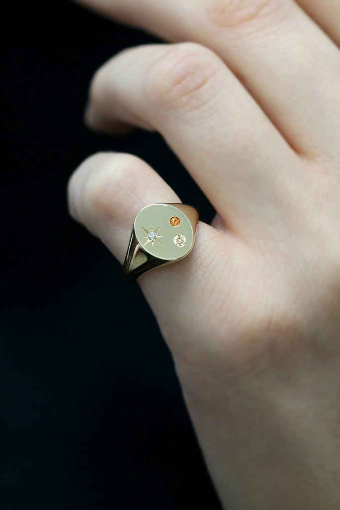 Oval Signet Ring with Champagne Diamond Citrine and Star Set Diamond Yellow Gold