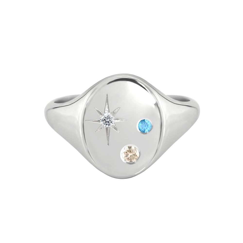 Oval Signet Ring with Champagne Diamond Blue Topaz and Star Set Diamond White Gold