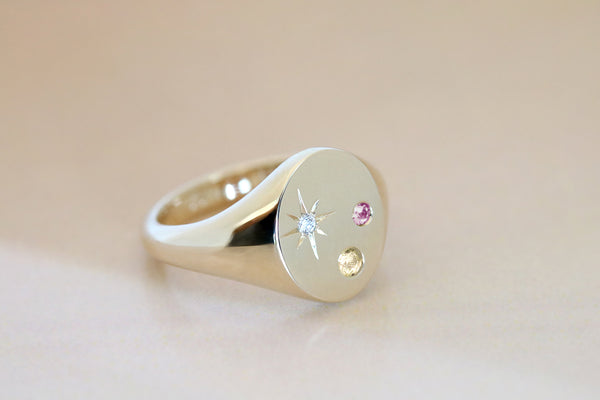 Oval Signet Ring with Champagne Diamond Pink Tourmaline and Star Set Diamond Yellow Gold