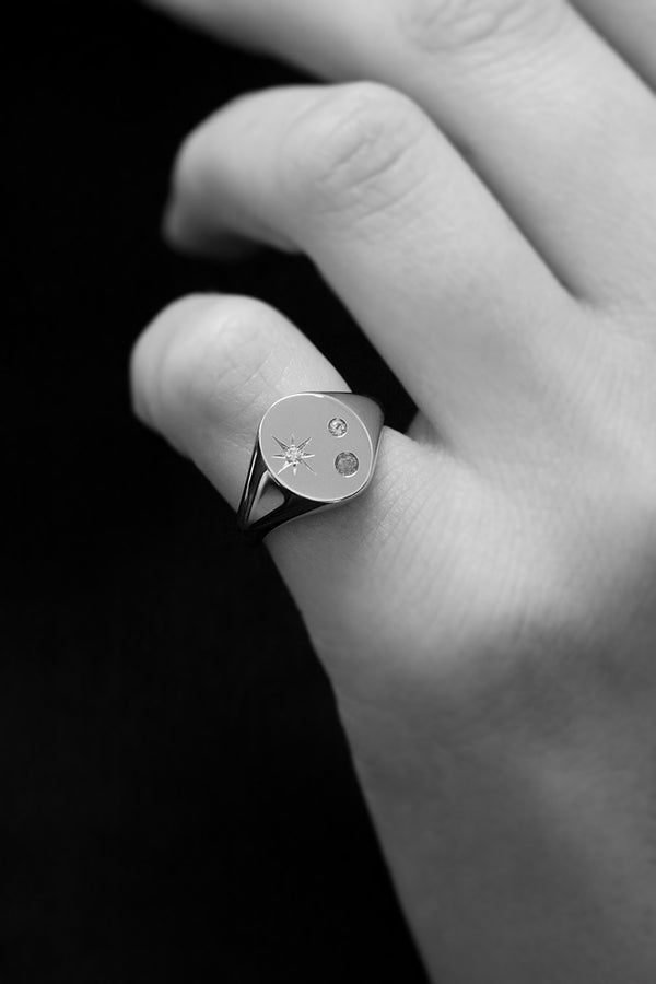 Oval Signet Ring with Gemstones and Star Set Diamond White Gold