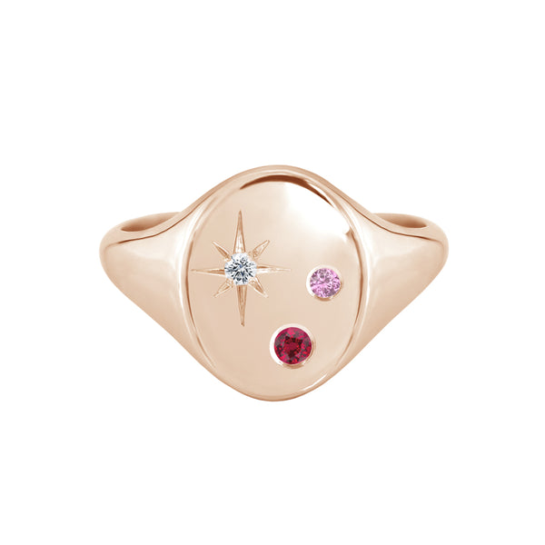 Oval Signet Ring with Gemstones and Star Set Diamond Rose Gold