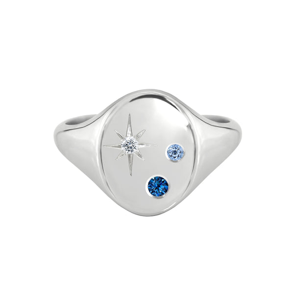 Oval Signet Ring with Gemstones and Star Set Diamond White Gold