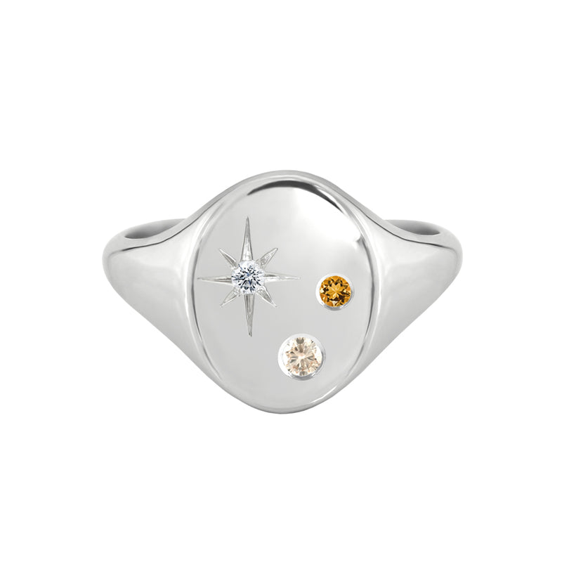 Oval Signet Ring with Champagne Diamond Citrine and Star Set Diamond White Gold