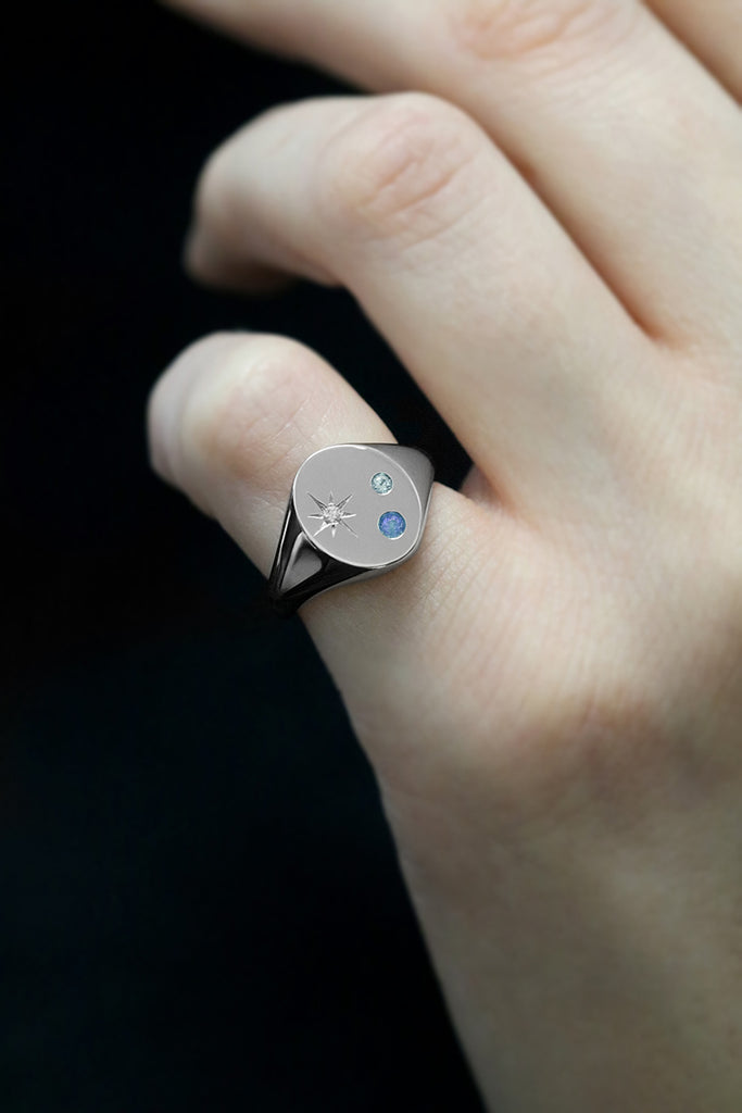 Oval Signet Ring with Blue Sapphires and Star Set Diamond White Gold