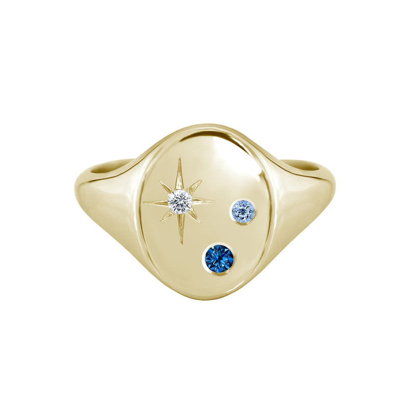 Oval Signet Ring with Blue Sapphires and Star Set Diamond Yellow Gold